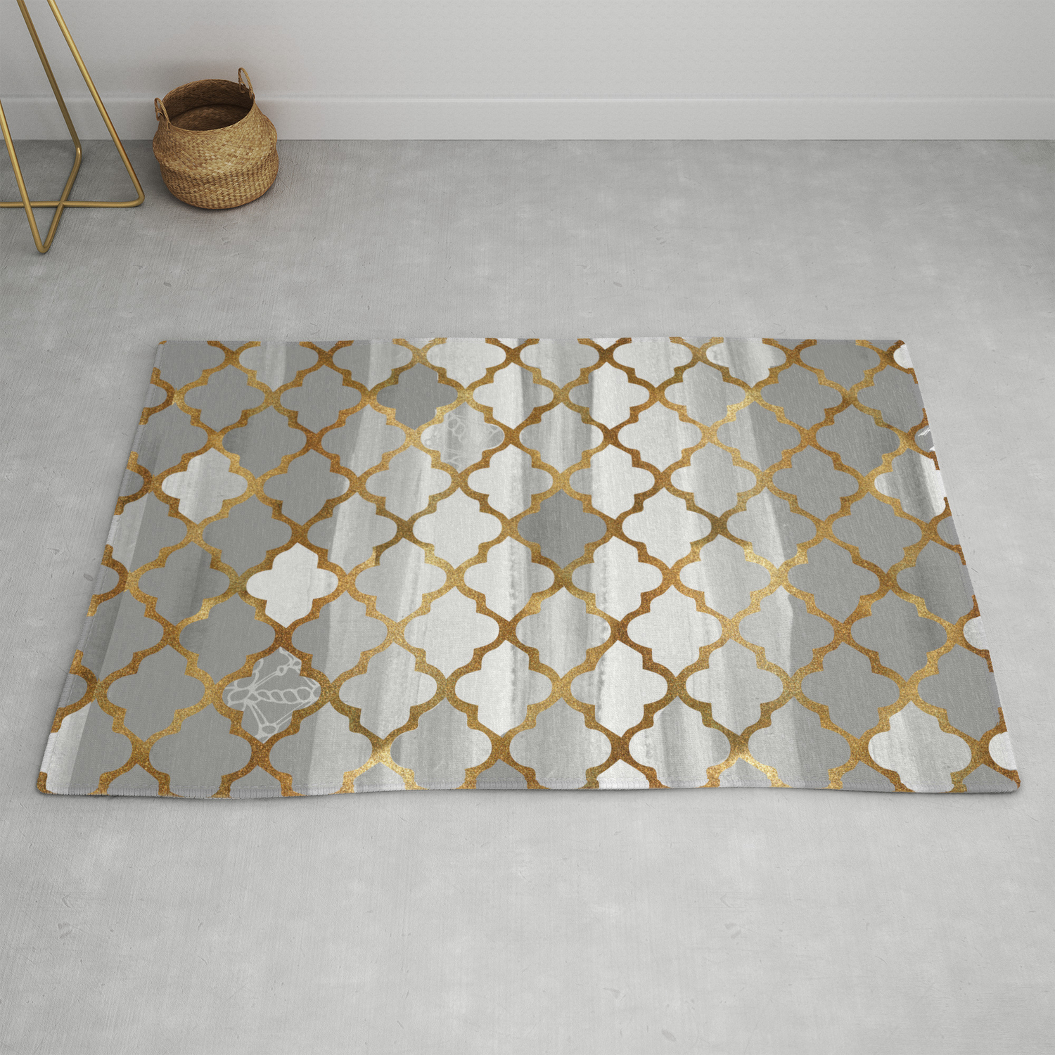 Moroccan Tile Pattern In Grey And Gold, Grey Moroccan Rug