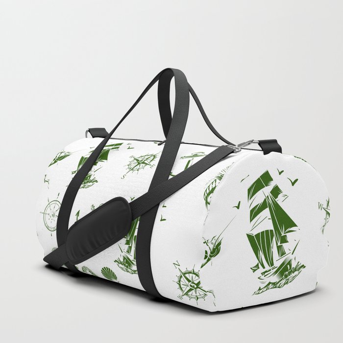 Green Silhouettes Of Vintage Nautical Pattern Duffle Bag