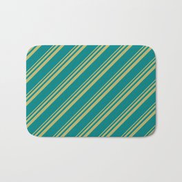 [ Thumbnail: Dark Khaki and Teal Colored Stripes/Lines Pattern Bath Mat ]