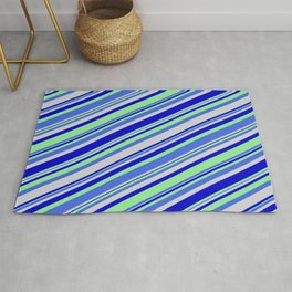 [ Thumbnail: Light Green, Royal Blue, Light Grey, and Blue Colored Lines Pattern Rug ]