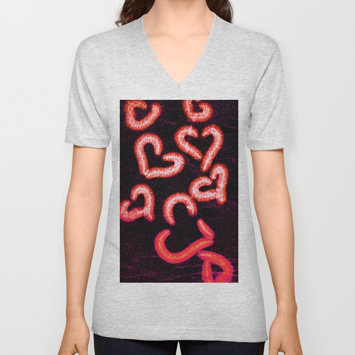 Distressed Hearts Red V Neck T Shirt
