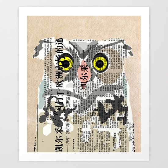 Owl Newspaper Collage Art Print