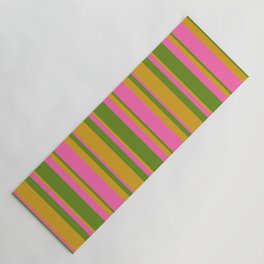 [ Thumbnail: Green, Goldenrod & Hot Pink Colored Lined Pattern Yoga Mat ]