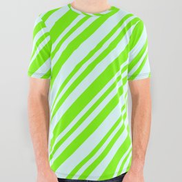 [ Thumbnail: Light Cyan and Green Colored Lined/Striped Pattern All Over Graphic Tee ]
