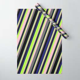 [ Thumbnail: Eye-catching Midnight Blue, Light Green, Pink, Dim Grey, and Black Colored Striped Pattern Wrapping Paper ]