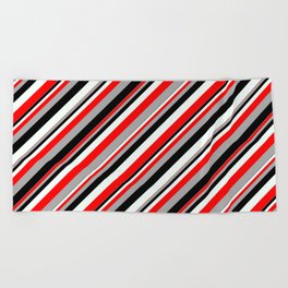 [ Thumbnail: Red, Dark Grey, Black, and Mint Cream Colored Lined Pattern Beach Towel ]