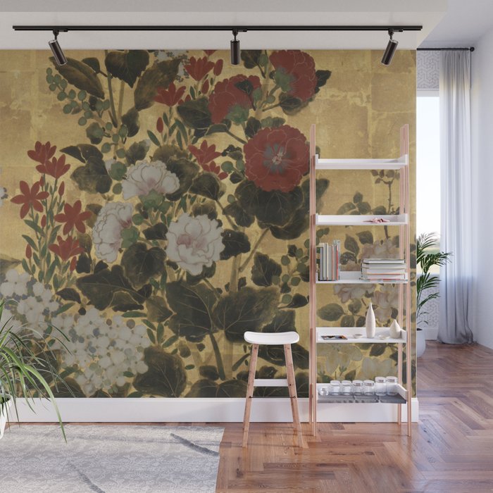 Flowers & Grapes Vintage Japanese Floral Gold Leaf Screen Wall Mural