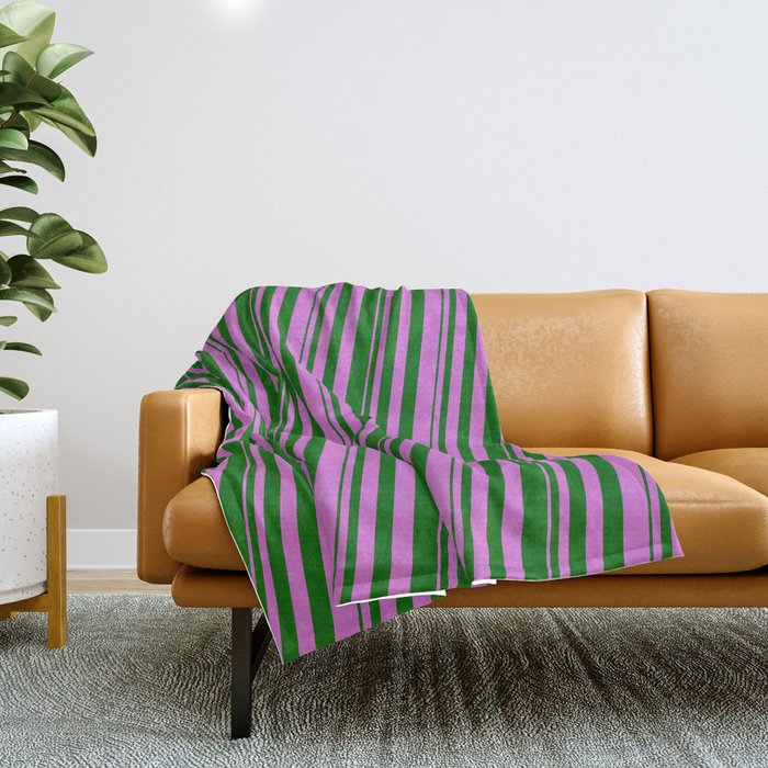 Orchid & Dark Green Colored Lined/Striped Pattern Throw Blanket