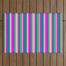 [ Thumbnail: Sea Green, Teal, Fuchsia & Light Pink Colored Striped Pattern Outdoor Rug ]