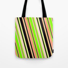 [ Thumbnail: Light Salmon, Black, Bisque & Chartreuse Colored Striped/Lined Pattern Tote Bag ]