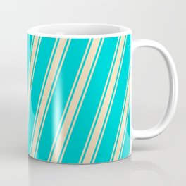 [ Thumbnail: Dark Turquoise and Tan Colored Stripes/Lines Pattern Coffee Mug ]