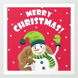 Merry Christmas! Happy snowman with bag of gifts. Merry Christmas & Happy New Year greeting card. Cheerful snowman. Illustration on red background. Art Print