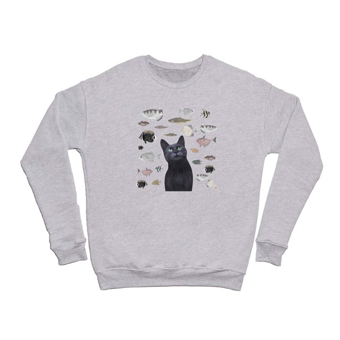 The Black Cat Waiting for a Fish to Come By Crewneck Sweatshirt