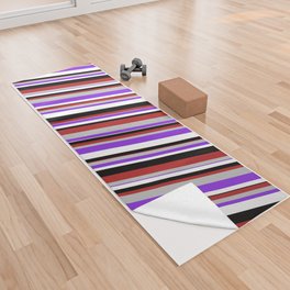 [ Thumbnail: Red, Grey, Purple, White & Black Colored Striped Pattern Yoga Towel ]