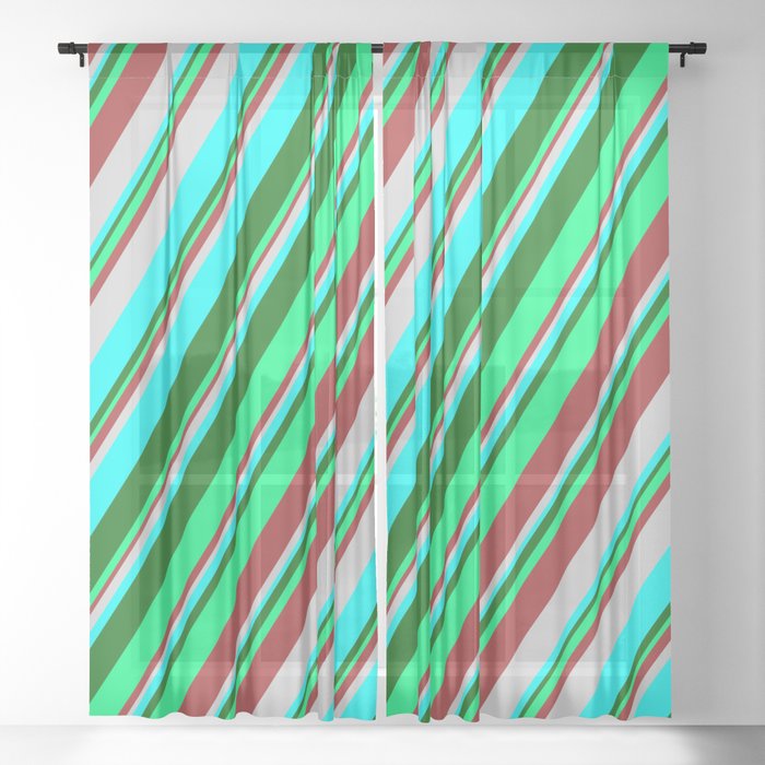 Colorful Brown, Light Grey, Cyan, Dark Green, and Green Colored Stripes Pattern Sheer Curtain