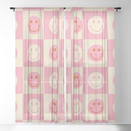 70s Retro Smiley Face Tile Pattern in Pink & Beige Sheer Curtain