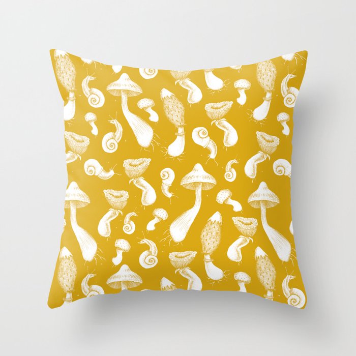 Ink Mushrooms - mustard Throw Pillow