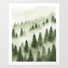 Foggy Forest - Sage Green Wall Art, Misty Mountain Watercolor Painting, Trees Nature Art Art Print