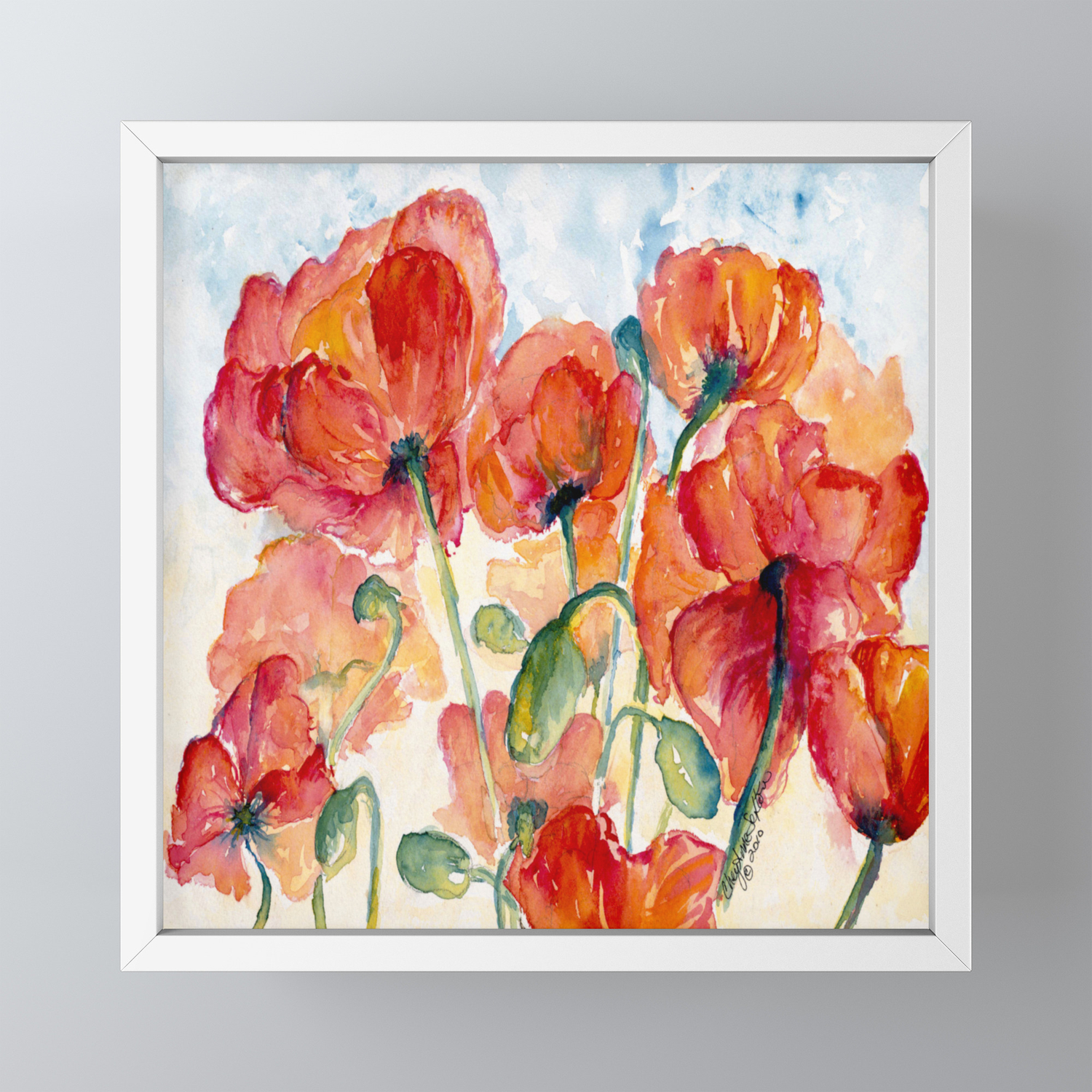 Tangerine Orange Poppy Field Watercolor By Cheyanne Sexton Framed