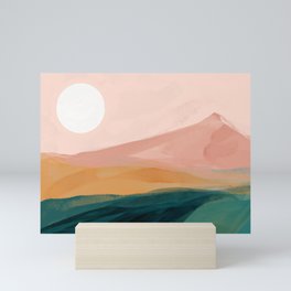 pink, green, gold moon watercolor mountains Mini Art Print