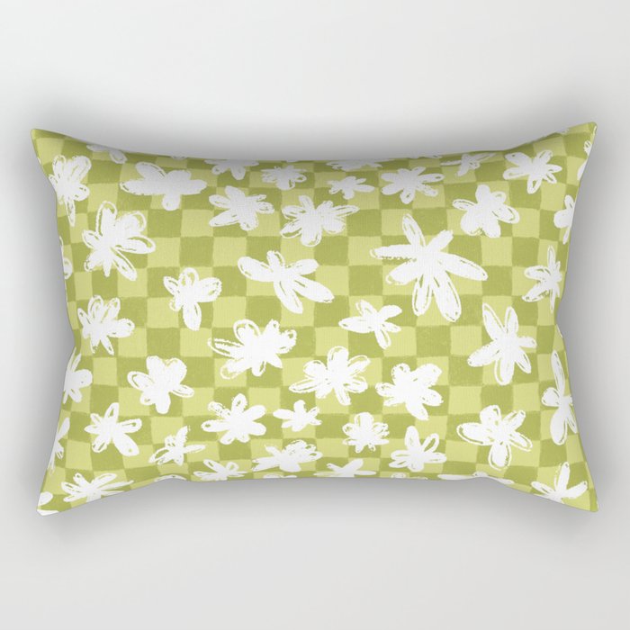 Cute Simple Flowers on Hand-Drawn Checkerboard \\ Green BG Checks Rectangular Pillow