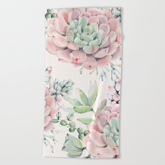 Pink Succulents on Cream Beach Towel