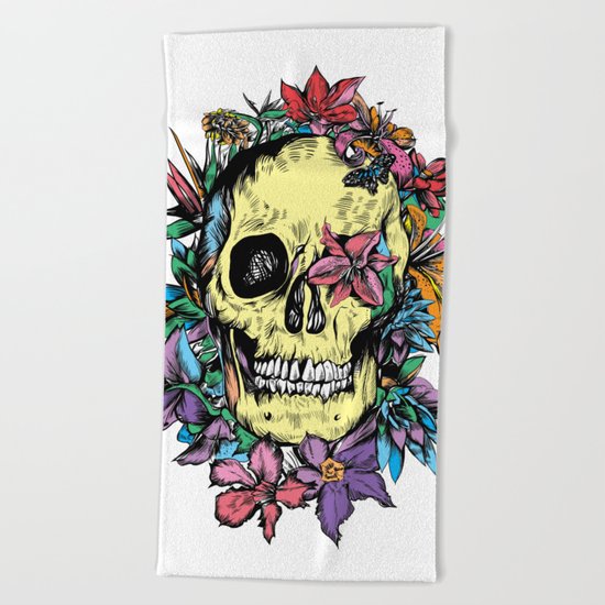 floral skull colorful drawing Beach Towel