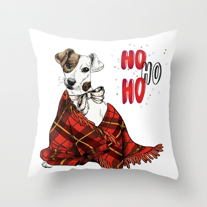Hand Drawn Jack Russell Terrier Dog Portrait Snuggled in Plaid Blanket Throw Pillow