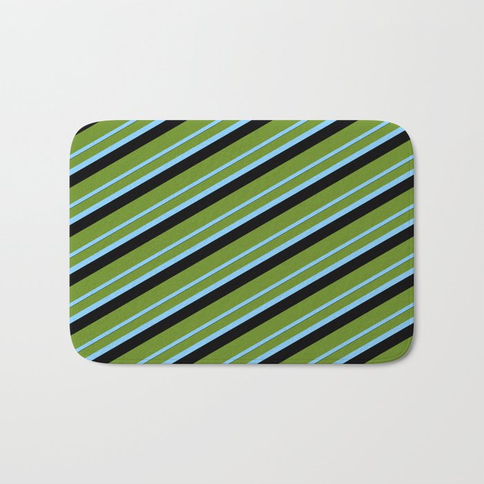 Green, Light Sky Blue, and Black Colored Lined/Striped Pattern Bath Mat