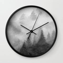 Foggy Forest III - Black White Gray Watercolor Trees Rustic Misty Mountain Winter Nature Art Print Wall Clock