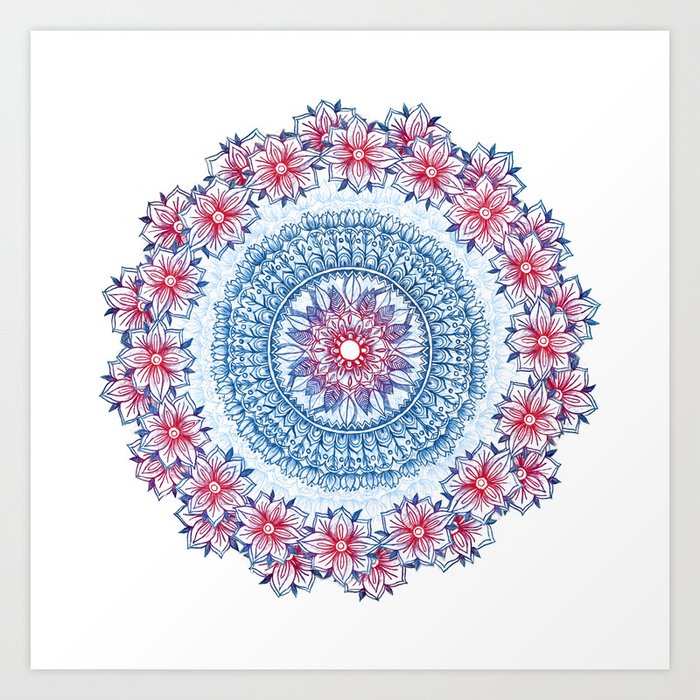 Red, Blue & White Floral Medallion Art Print
