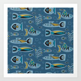 Retro Aquarium - Deep Blue Art Print