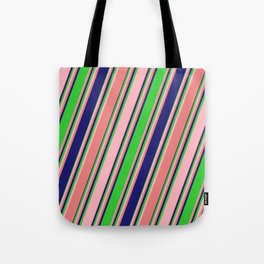 [ Thumbnail: Lime Green, Light Pink, Light Coral & Midnight Blue Colored Lines/Stripes Pattern Tote Bag ]