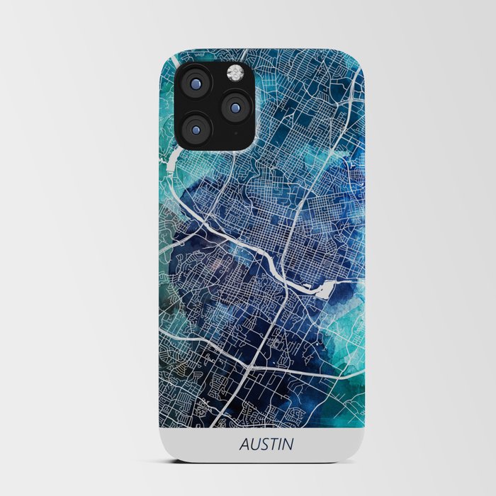 Austin Texas Map Navy Blue Turquoise Watercolor iPhone Card Case