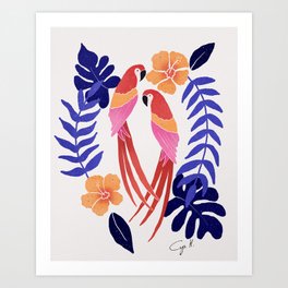 Tropical parrots - orange and blue palette Art Print
