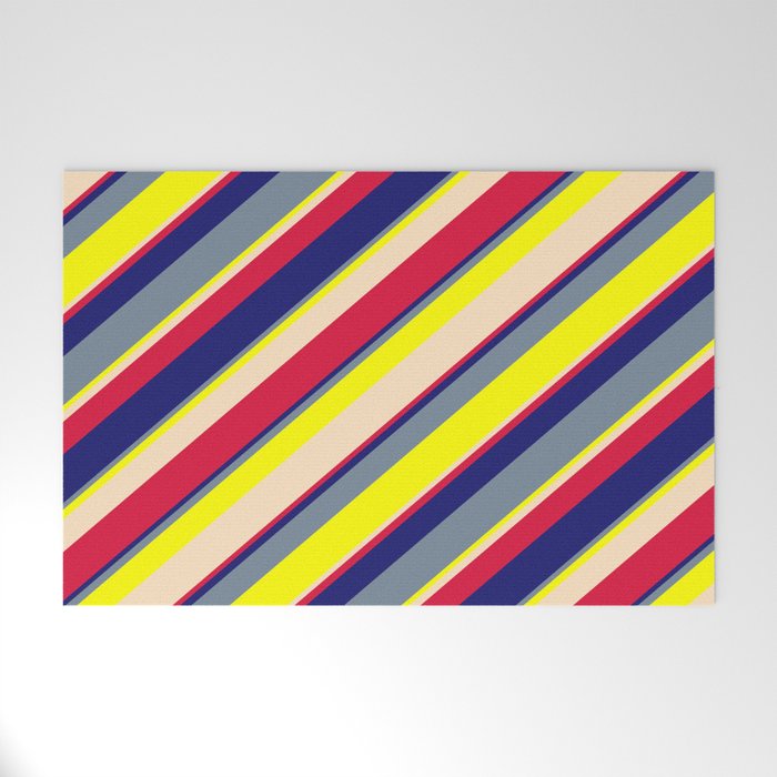 Vibrant Light Slate Gray, Yellow, Bisque, Crimson & Midnight Blue Colored Lines/Stripes Pattern Welcome Mat