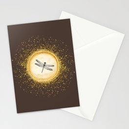 Sketched Dragonfly Gold Circle Pendant on Dark Brown Stationery Card