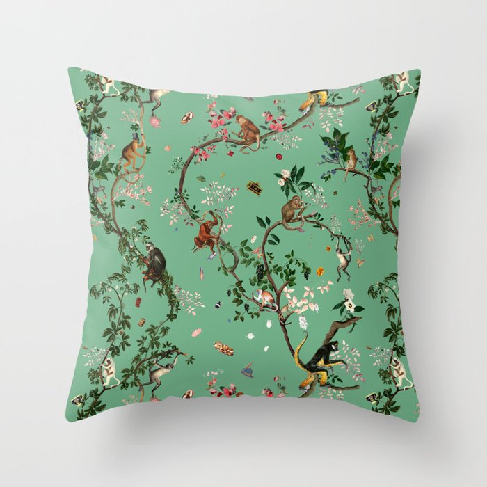 Monkey World Green Throw Pillow
