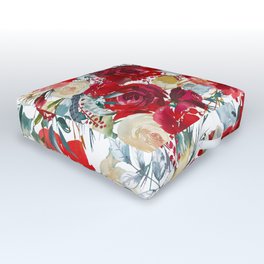Red teal hand painted boho watercolor roses floral Outdoor Floor Cushion