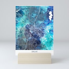 Dallas Texas Map Navy Blue Turquoise Watercolor Mini Art Print