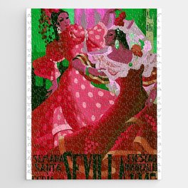 Seville, Spain green Fiestas Primaverales Dark Haired Flamenco Female Dancers in red traje de flamenca  Jigsaw Puzzle