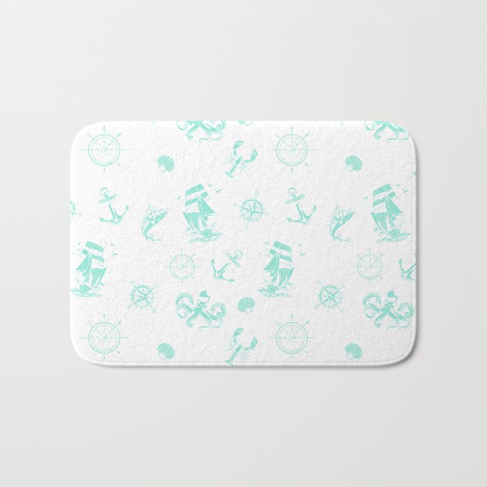 Mint Blue Silhouettes Of Vintage Nautical Pattern Bath Mat