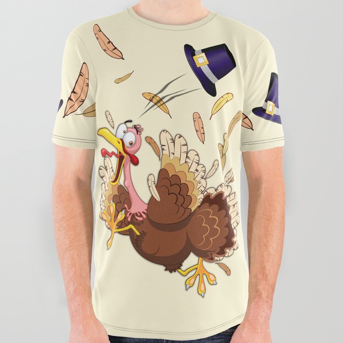 Thanksgiving Turkey Funny Scared and Running Cartoon Character All Over Graphic Tee | Graphic-design, Digital, Turkey, Thanksgiving, Humor, Funny-turkey, Animals, Birds, Farm, Traditional