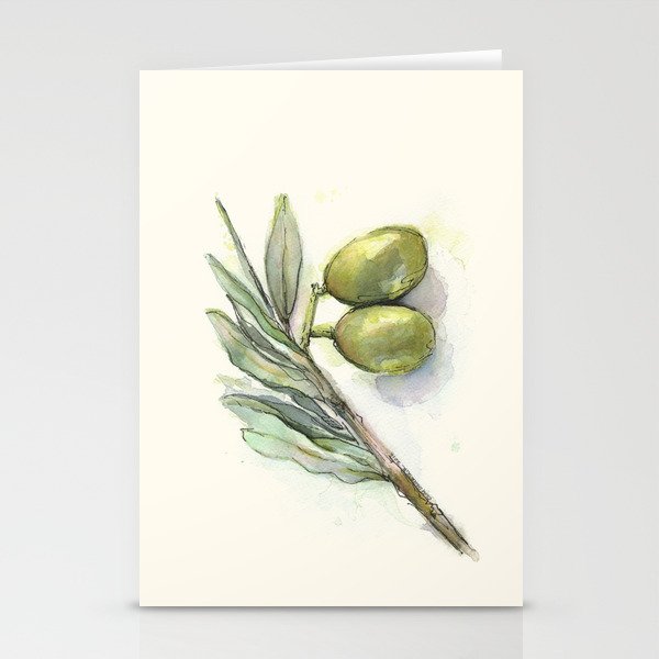 Olive Branch | Green Olives | Watercolor Illustration Stationery Cards