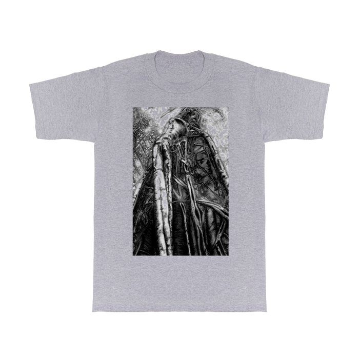 Black and white drawing of a twisted and gnarly Fig Tree T Shirt