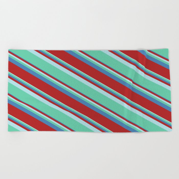 Powder Blue, Aquamarine, Blue, and Red Colored Lined/Striped Pattern Beach Towel
