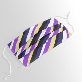 [ Thumbnail: Colorful Purple, Tan, Black, Midnight Blue, and White Colored Striped/Lined Pattern Face Mask ]