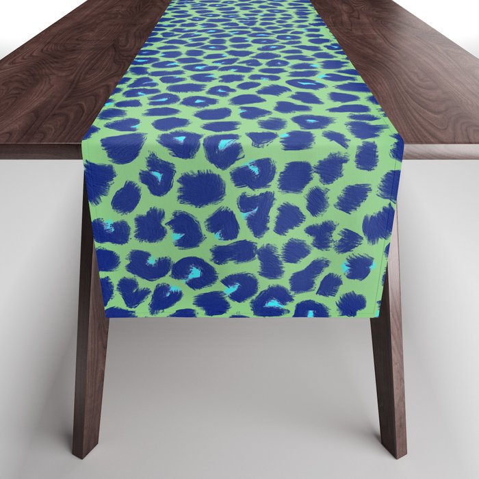 Leopard Spots, Cheetah Print, Blue, Turquoise, Fresh Green, Brush Strokes Table Runner