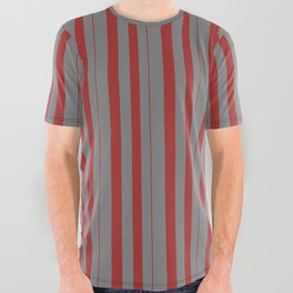 [ Thumbnail: Brown and Gray Colored Striped/Lined Pattern All Over Graphic Tee ]