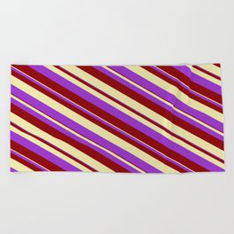 [ Thumbnail: Dark Orchid, Dark Red, and Pale Goldenrod Colored Striped/Lined Pattern Beach Towel ]